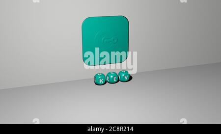 Immagine grafica 3D del TASTO in verticale insieme al testo realizzato da lettere cubiche metalliche dalla prospettiva superiore, eccellente per la presentazione concettuale e le presentazioni. Sfondo e illustrazione Foto Stock