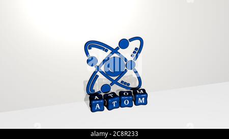Immagine grafica 3D di Atom verticalmente insieme al testo costruito da lettere cubiche metalliche dalla prospettiva superiore, eccellente per la presentazione concettuale e le presentazioni. Illustrazione e sfondo Foto Stock