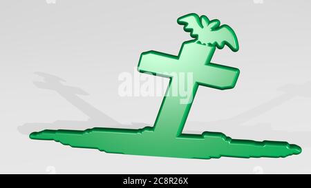 bat sulla tomba da una prospettiva con l'ombra. Una scultura spessa realizzata in materiali metallici di rendering 3D, illustrazione e Halloween Foto Stock