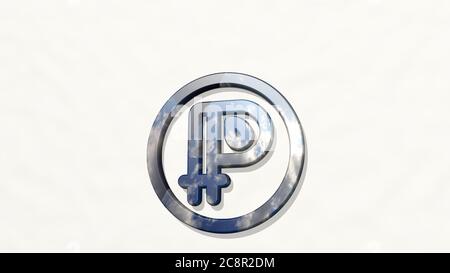 crypto moneta peercoin fatto da illustrazione 3D di una scultura metallica lucida su una parete con sfondo chiaro. bitcoin e business Foto Stock