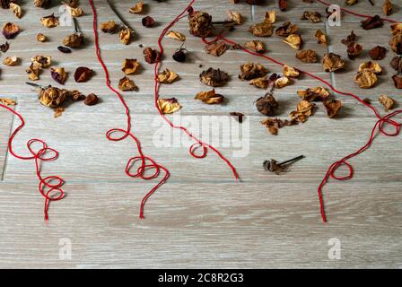 Petali di fiori secchi insieme a foglie verdi e fili rossi che rappresentano la solitudine e la speranza nella quarantena COVID 19 in Guatemala Foto Stock