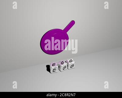 Illustrazione 3D di grafica e testo di uovo fatti da lettere metalliche per i significati relativi del concetto e delle presentazioni. Sfondo e pasqua Foto Stock