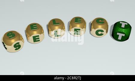 croci di selezione disposti da lettere cubiche su un pavimento a specchio, significato di concetto e presentazione. sfondo e illustrazione. Illustrazione 3D Foto Stock