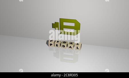 Illustrazione 3D della grafica DEL PEDALE e del testo realizzato con lettere metalliche per i significati relativi del concetto e delle presentazioni. bicicletta e bicicletta Foto Stock