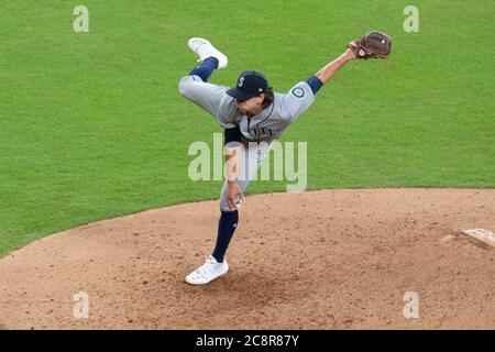 Houston, Stati Uniti. 26 luglio 2020. Seattle Mariners rilievo lanciatore Taylor Williams piazzato contro gli Houston Astros nel 9 ° inning al Minute Maid Park a Houston Domenica 26 luglio 2020. Foto di Trask Smith/UPI Credit: UPI/Alamy Live News Foto Stock