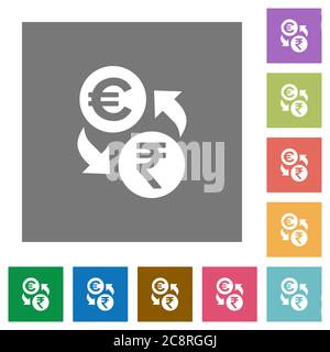 Euro Rupee Exchange icona piatta impostata su sfondo quadrato colorato. Illustrazione Vettoriale