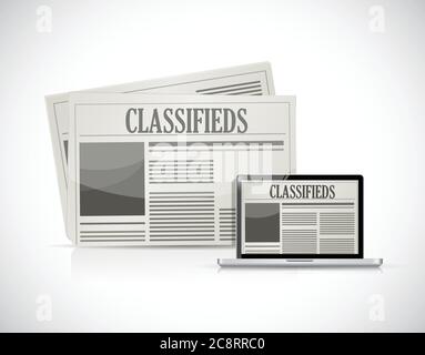 Cerca annunci su un disegno di illustrazione del computer su uno sfondo bianco Illustrazione Vettoriale