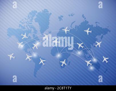 Volo aerei sopra un disegno di illustrazione di mappa del mondo su uno sfondo blu Illustrazione Vettoriale