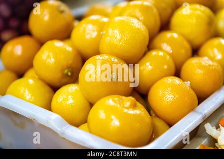 Limoni in vendita al mercato alimentare all'aperto a Casablanca, Marocco Foto Stock