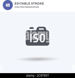 Vettore icone ISO, segno piatto riempito, pittogramma solido isolato su bianco, illustrazione del logo. Icona ISO per la presentazione. Illustrazione Vettoriale