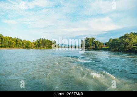 fiume Katun. Repubblica di Altai, Siberia. Rapido flusso della voba nel turchese fiume di montagna. Foto Stock