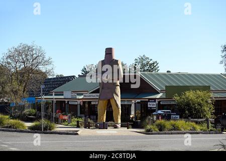 Glenrowan, Victoria. Il 'Big Ned Kelly', una statua di 6 metri del bushranger australiano Ned Kelly raffigurato come era stato catturato. Foto Stock