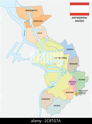Mappa amministrativa vettoriale della città belga Anversa con bandiera Illustrazione Vettoriale