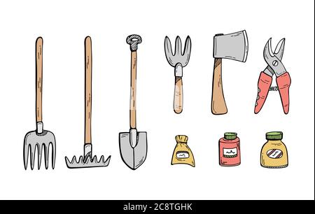 Doodle illustrazione di un insieme di attrezzi di giardinaggio. Agricoltura. Illustrazione Vettoriale