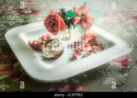 un insieme di rose su una ciotola bianca Foto Stock