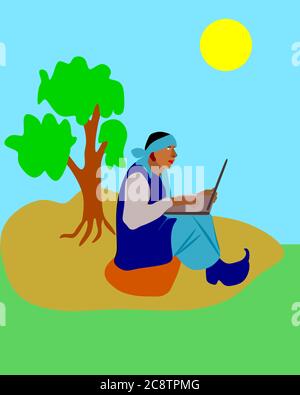 Un vecchio villaggio indiano povero contadino uomo cartoon che opera computer portatile su campo naturale in bella background. Illustrazione Vettoriale