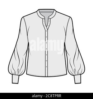 Stativo colletto camicia tecnica moda illustrazione con lungo Bishop manica con polsino, bottoni anteriori, silhouette sciolta. Mascherina di abbigliamento a camicetta piatta colore grigio anteriore. Donne, uomini unisex top CAD Illustrazione Vettoriale