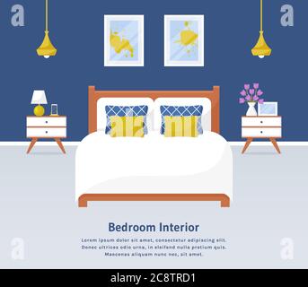 Interni della camera da letto. Banner Web vettoriale con posizione per il testo. Camera dal design moderno con letto matrimoniale, comodini e accessori per l'arredamento. Arredamento per la casa. Illustrazione Vettoriale