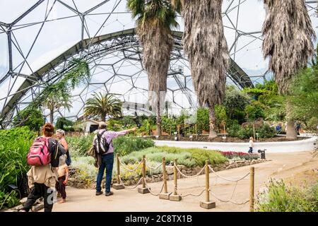 I visitatori che camminano all'interno del Mediterraneo Biome al complesso di progetto Eden in Cornovaglia. Foto Stock