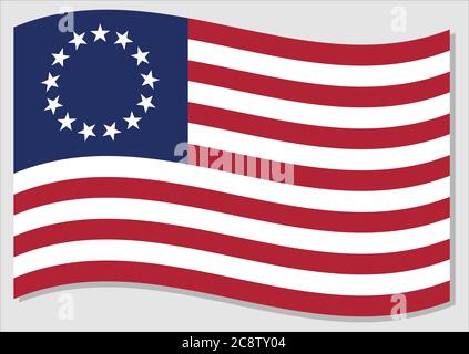 Flag di ondulazione del grafico vettoriale degli Stati Uniti. Prima sventolando bandiera americana illustrazione chiamata Betsy Rose. Bandiera degli Stati Uniti wavin nel vento i Illustrazione Vettoriale