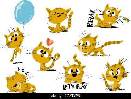 Emotion icone stickr set collezione con divertente gatto. Illustrazione Vettoriale