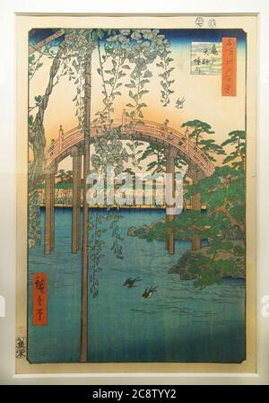 Utagawa Hiroshige. Ponte in giardino (1858). Ponte del tamburo e giardino al Santuario Kameido Tenjin (Tokyo). Glicine fiorite indica la stagione estiva. Foto Stock