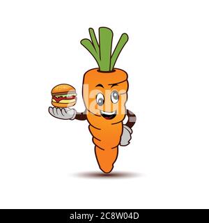 Cartoon carota con un hamburger su sfondo bianco. Vettore modello di progetto Illustrazione Vettoriale