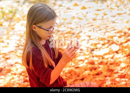 ragazza in occhiali guarda a sorpresa al tronco di una mela, sullo sfondo del fogliame autunnale Foto Stock