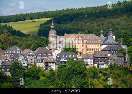 Bad Berleburg, nel distretto di Siegen-Wittgenstein, Rothaargebirge, Sauerland, Oberstadt, con il castello di Berleburg, NRW, Germania, Foto Stock