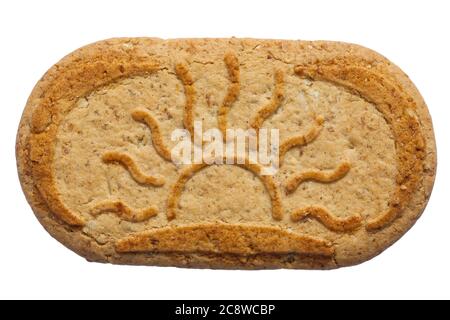 Gullon Vital Grain colazione biscotti cereali - un biscotto isolato su sfondo bianco - biscotto con cereali e latte Foto Stock