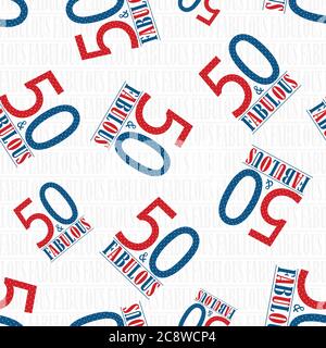 Cinquanta e favoloso sfondo di pattern vettoriali senza giunture di testo. Blu rosso tipografia di stile moderno su sfondo bianco con texture di parola sottile. Tutto Illustrazione Vettoriale