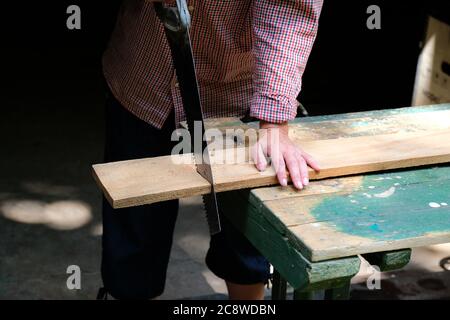 Falegname femmina con sega manuale. Fai da te, concetto di legno. Foto Stock