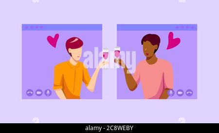 Data online e video data concetto, gay uomini coppia in videochiamata. Incontri moderni con applicazione di chat o piattaforma online. Distanza sociale, isolamento A. Illustrazione Vettoriale