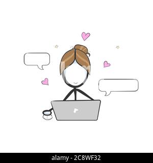 Donna che parla. Data dell'amore online. Vector semplice conversazione romantica. Stickman nessun fumetto clipart del viso. Disegnata a mano. Doodle schizzo, grafico Illustrazione Vettoriale