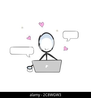 Uomo che chattava. Data dell'amore online. Vector semplice conversazione romantica. Stickman nessun fumetto clipart del viso. Disegnata a mano. Schizzo di Doodle, illustrazione grafica Illustrazione Vettoriale