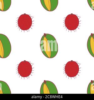 Mango di frutta e rambutan modello senza giunture, grande design per qualsiasi scopo. Motivo tessuto disegnato a mano. Cibo sano di fondo. Grafica estiva stile piatto vettoriale. Su sfondo bianco. Illustrazione Vettoriale