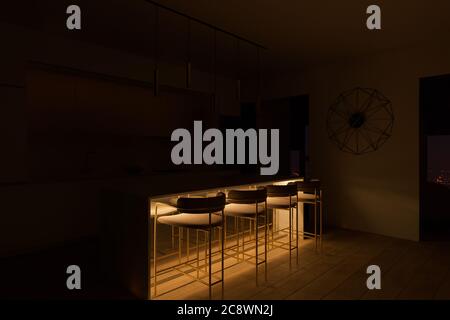 Design degli interni della cucina con illustrazione 3D e illuminazione a LED a isola Foto Stock