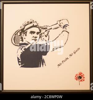 Medzilaborce Slovacchia Giugno 04, 2020 Roger Federer ritratto è in mostra nel Museo Andy Warhol di Arte moderna Spray Paint on Canvas di Poppy. Foto Stock