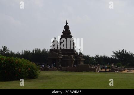 Famoso Tamil Nadu punto di riferimento - Shore tempio, sito patrimonio mondiale a Mahabalipuram, India del Sud, Tamil Nadu, Mahabalipuram Foto Stock