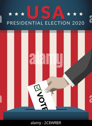 Concetto di campagna elettorale presidenziale 2020. Mano mettendo carta di voto nel voto casella con bandiera americana sullo sfondo. Elezioni presidenziali Illustrazione Vettoriale