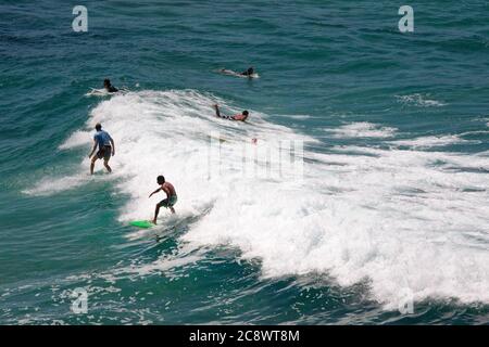SYDNEY, AUSTRALIA - 12 febbraio 2012: I surfers in acqua si divertono a catturare le onde a Bondi Beach in una soleggiata giornata estiva, Sydney, Australia. Foto Stock