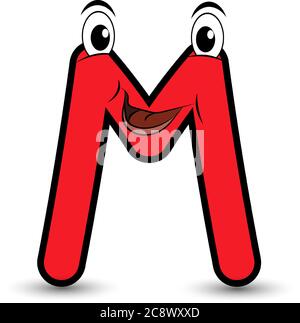 Divertente carattere disegnato a mano stile cartoon colorata lettera M con sorridente vettore alfabeto illustrazione isolato su bianco. Adatto per i bambini che imparano gli attiviti Illustrazione Vettoriale