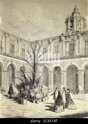 Cour de Palais de San Telmo, a Séville [cortile del Palazzo San Telmo, Siviglia] immagine della pagina del libro 'l'Espagne' [Spagna] di Davillier, Jean Charles, barón, 1823-1883; Doré, Gustave, 1832-1883; pubblicato a Parigi, Francia da Libreria Hachette, nel 1874 Foto Stock