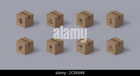 Set di confezioni isolate con vari simboli, illustrazione isometrica con ombre realistiche, rendering 3D Foto Stock