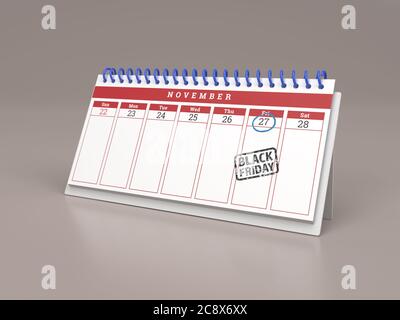 Illustrazione 3D del calendario isolato con data marcata del venerdì nero sulla superficie riflettente Foto Stock