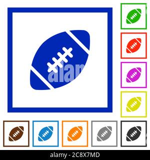 Set di icone piatte a sfera rugby incorniciate quadrate di colore Illustrazione Vettoriale