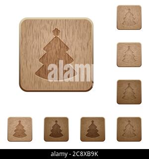 Set di bottoni in legno intagliato albero di Natale in 8 varianti. Illustrazione Vettoriale