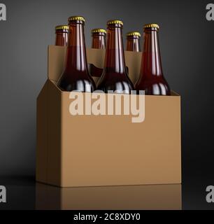 Primo piano di sei bottiglie di birra marrone in scatola di cartone. Rendering 3D, luce studio, sfondo grigio scuro Foto Stock