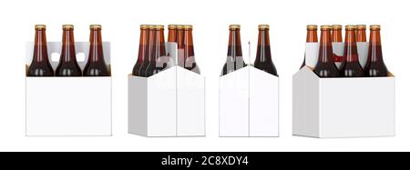 Sei bottiglie di birra marrone in confezione corton bianca. Quattro diverse viste di rendering 3D, isolate su sfondo bianco Foto Stock