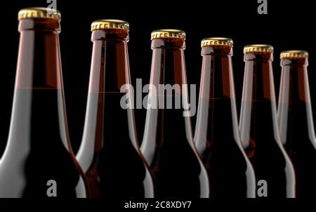 Primo piano delle bottiglie di birra. Rendering 3D, luce da studio, su sfondo nero Foto Stock